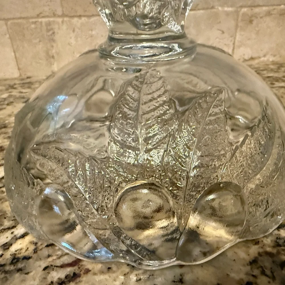 Vintage Teleflora 1985 Pedestal Compote Clear Fruit Bowl Pears & Leaf Pattern.